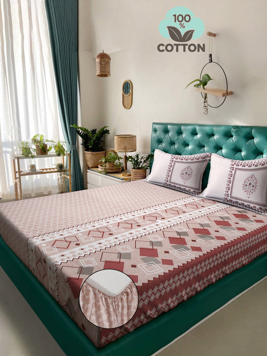Klotthe Peach Geometric 400 TC Pure Cotton Fitted Super King Double Bedsheet with 2 Pillow covers