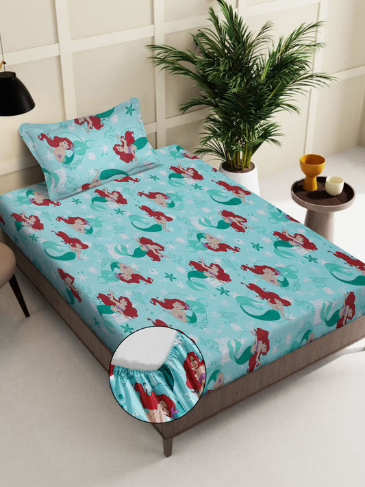 Klotthe Turquoise Cartoon Characters 400 TC Pure Cotton Fitted Single Bedsheet with Pillow Cover