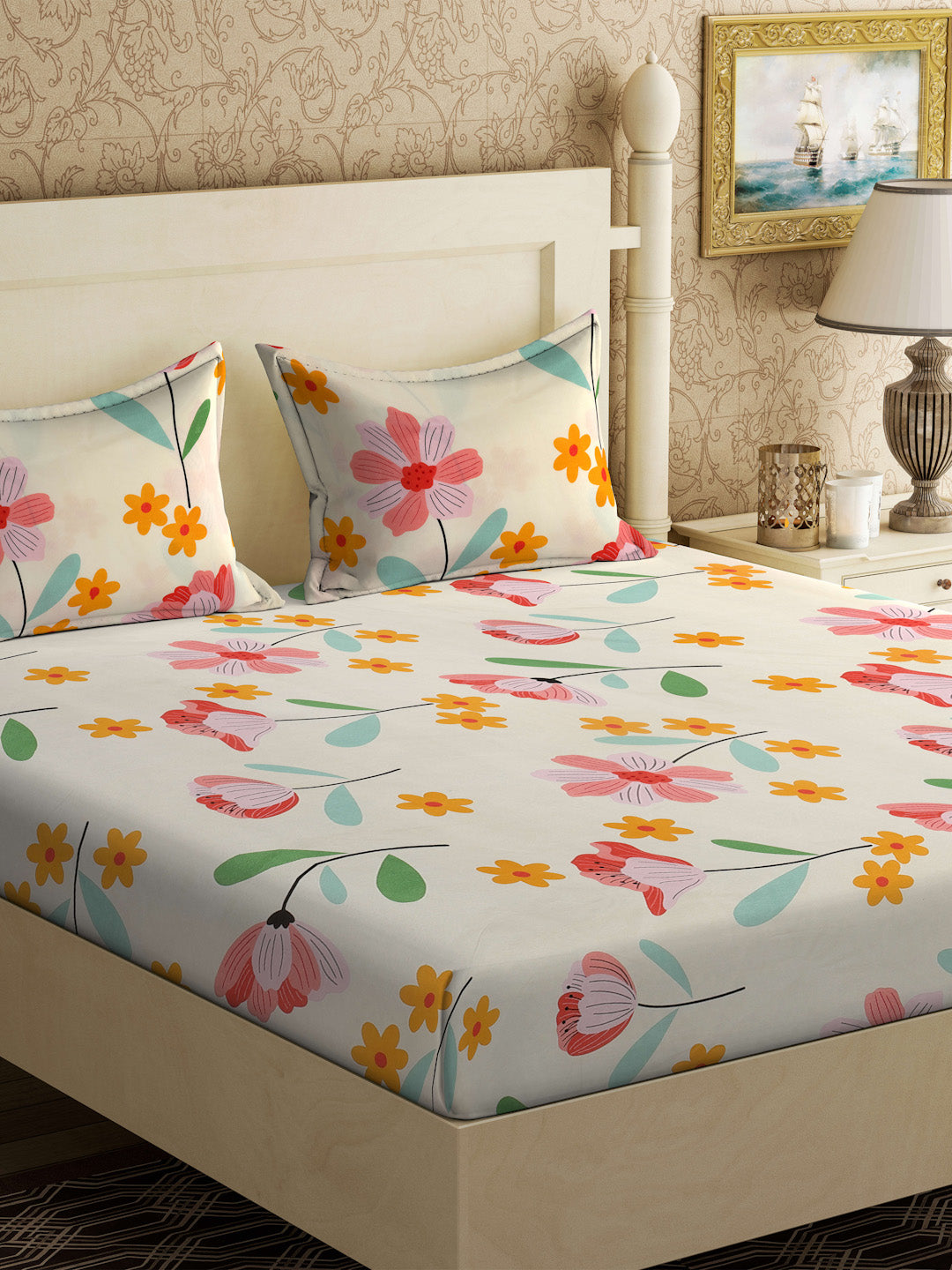 Klotthe Cream Floral 300 TC Cotton Blend Double Bedsheet with 2 Pillow Covers