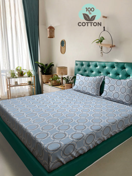 Klotthe Blue Geometric 400 TC Pure Cotton Double Bedsheet with 2 Pillow Covers
