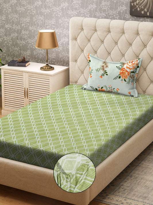 Klotthe Green Geometric 300 TC Cotton Blend Fitted Single Bedsheet with Pillow Cover