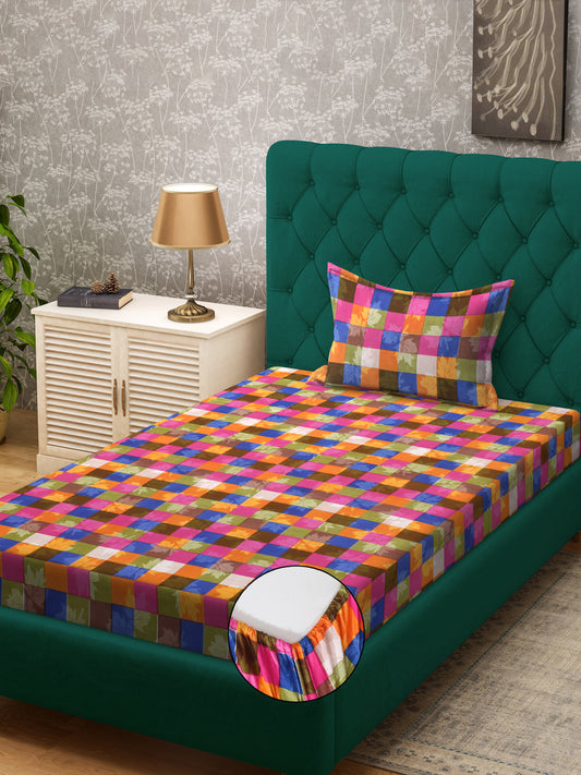 Klotthe Multicolor Geometric 300 TC Cotton Blend Fitted Single Bedsheet with Pillow Cover
