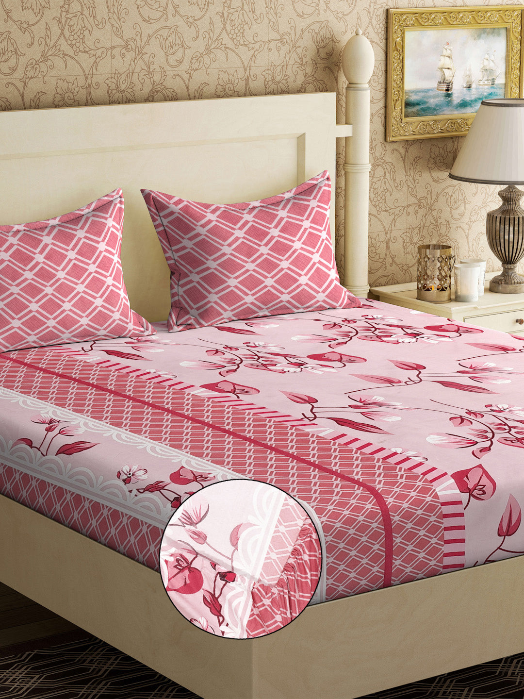 Klotthe Red Floral 300 TC Cotton Blend Fitted Double Bedsheet with 2 Pillow Covers