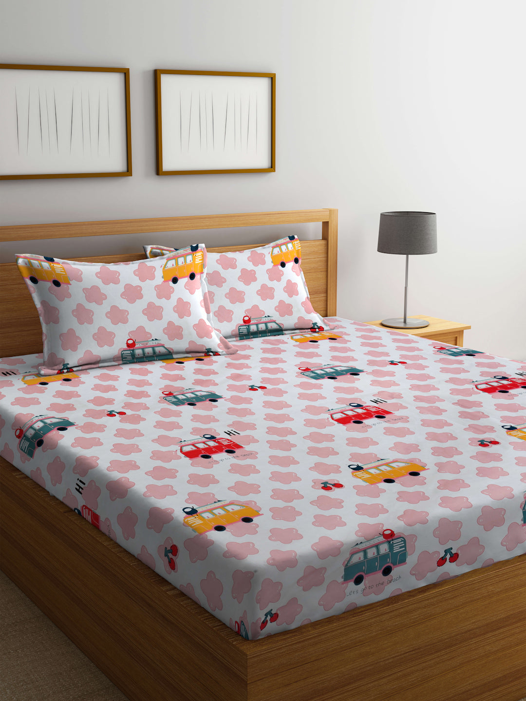 Klotthe Multi Cartoon Characters 300 TC Cotton Blend Double Bedsheet with 2 Pillow Covers