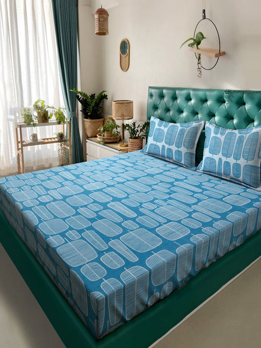 Klotthe Turquoise Geometric 300 TC Cotton Blend Double Bedsheet with 2 Pillow Covers