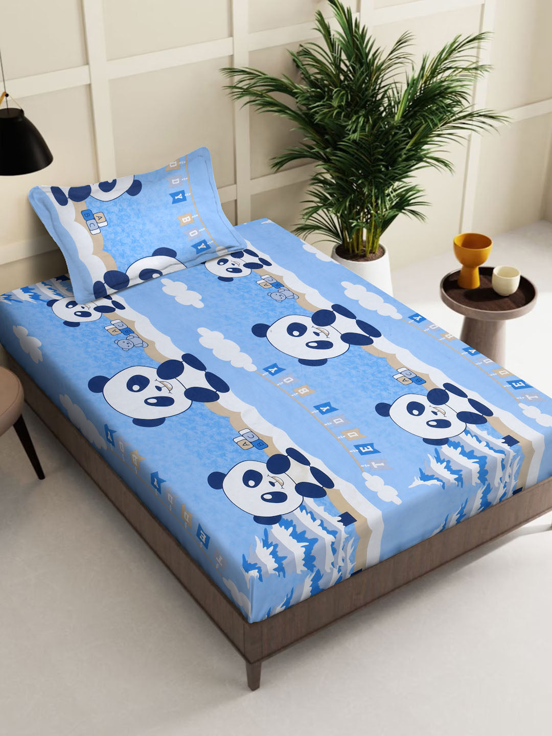 Klotthe SkyBlue Cartoon Characters 400 TC Pure Cotton Single Bedsheet with Pillow Cover