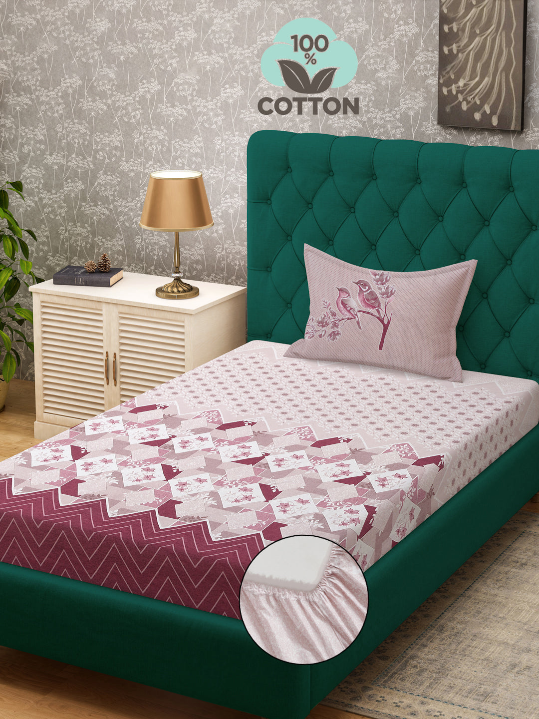 Klotthe Magenta Geometric 400 TC Pure Cotton Fitted Single Bedsheet with Pillow Cover