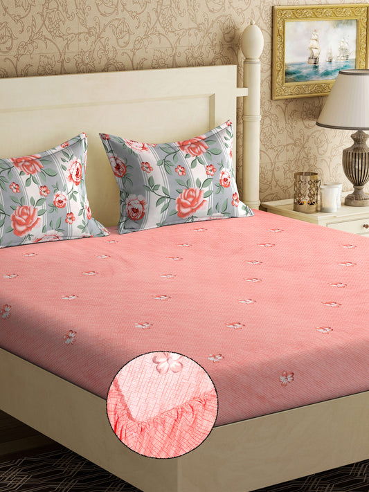 Klotthe Pink Floral 300 TC Cotton Blend Fitted Double Bedsheet with 2 Pillow Covers