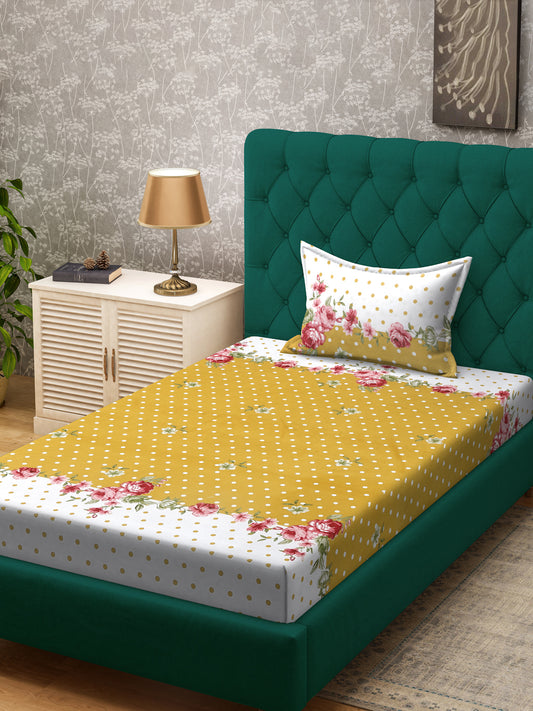 Klotthe Yellow Floral 300 TC Cotton Blend Single Bedsheet with Pillow Cover