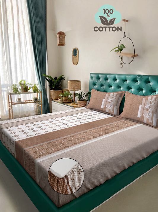 Klotthe Brown Geometric 400 TC Pure Cotton Fitted Super King Double Bedsheet with 2 Pillow covers
