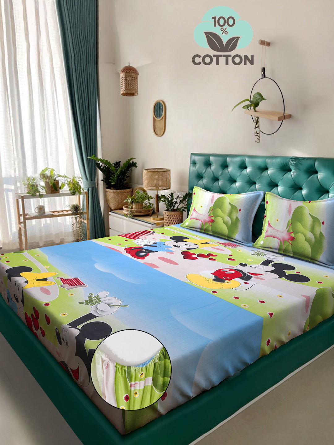 Klotthe Blue Cartoon Characters 400 TC Pure Cotton Fitted Double Bedsheet with 2 Pillow Covers