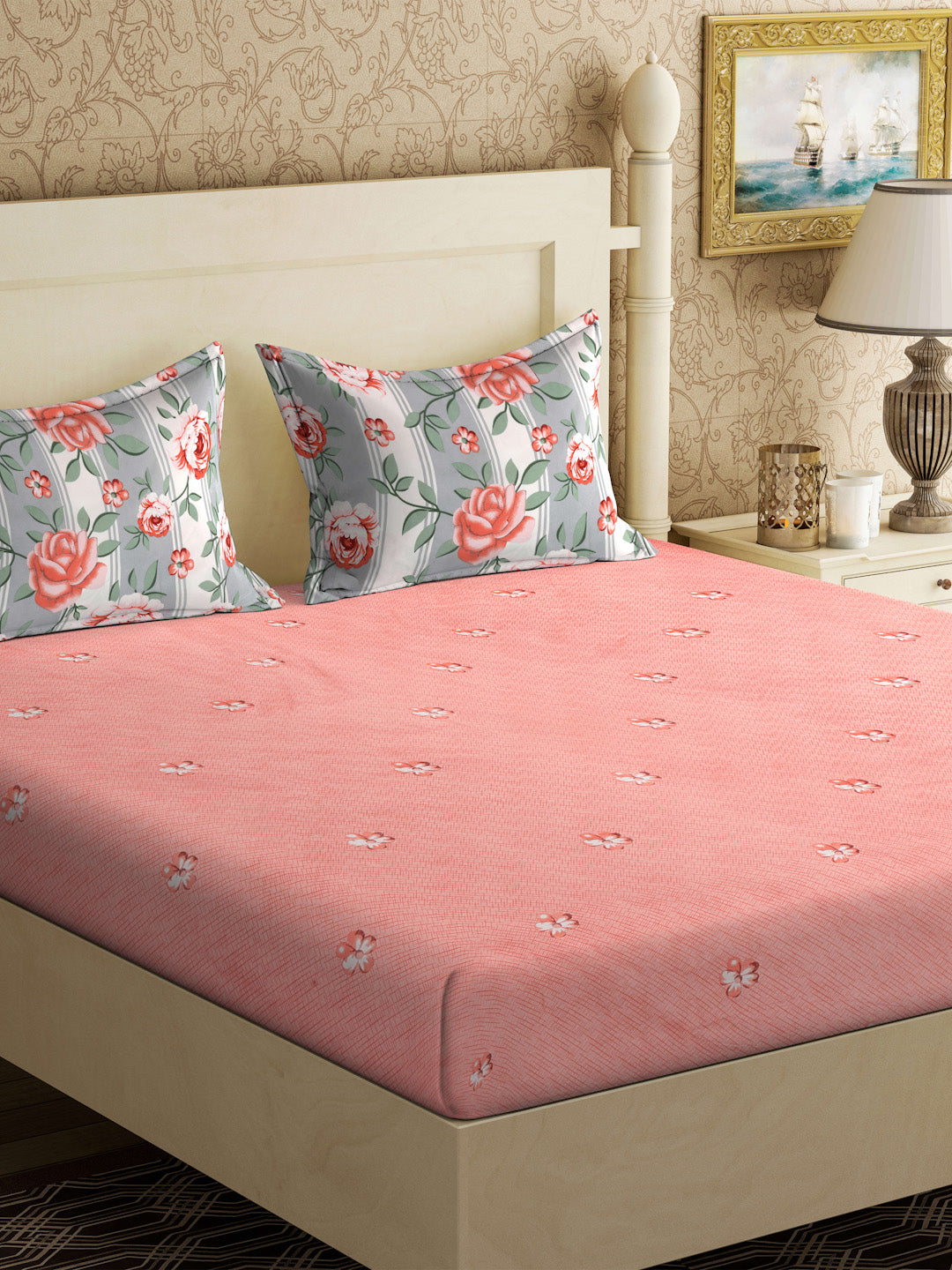 Klotthe Pink Floral 300 TC Cotton Blend Double Bedsheet with 2 Pillow Covers