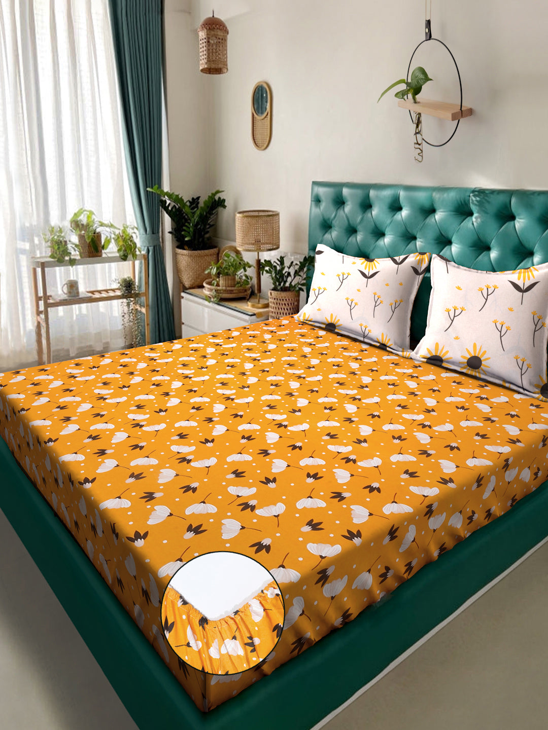 Klotthe Yellow Floral 300 TC Cotton Blend Fitted Double Bedsheet with 2 Pillow Covers