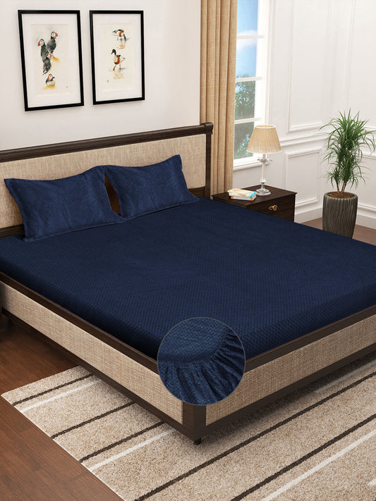 Klotthe NavyBlue Abstract Woolen Fitted Double Bed Sheet with 2 Pillow Covers