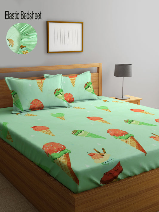 Kids MultiColor 300 TC Cotton Blend Fitted Double Bedsheet with 2 Pillow covers