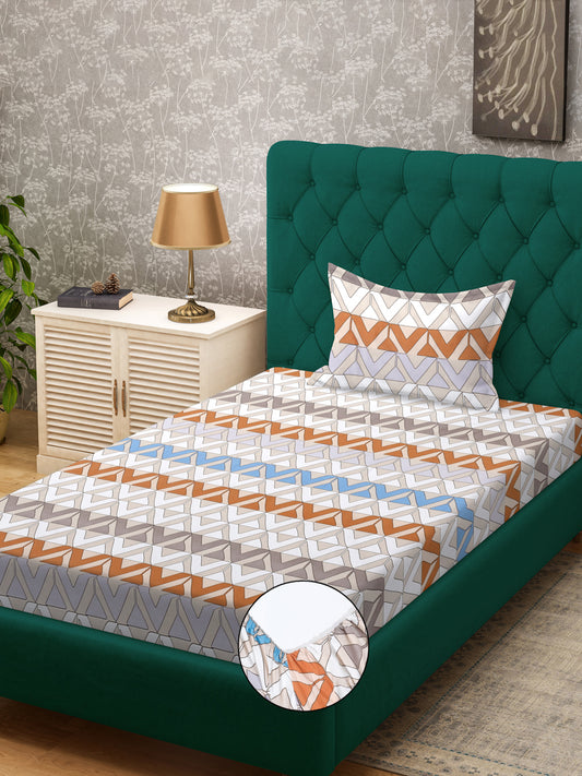 Klotthe Peach Geometric 300 TC Cotton Blend Fitted Single Bedsheet with Pillow Cover