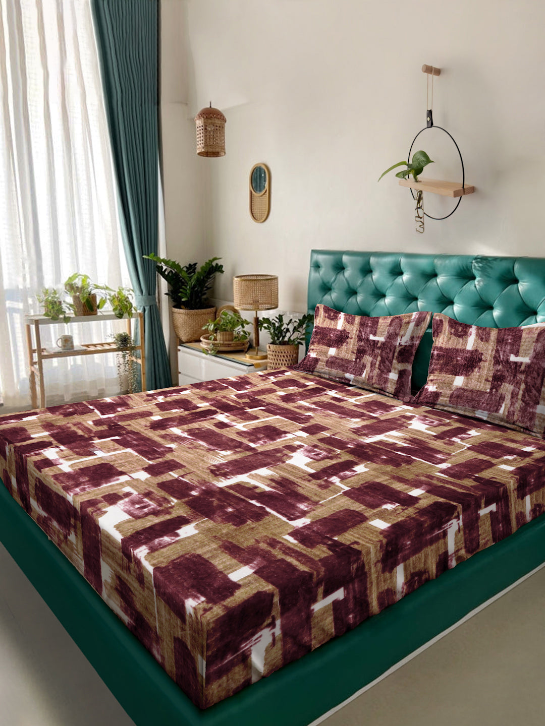 Klotthe Rust Geometric Woolen Double Bed Sheet with 2 Pillow Covers