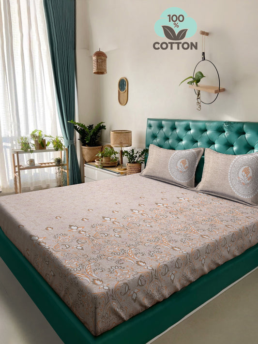 Klotthe Beige Floral 400 TC Pure Cotton Super King Double Bedsheet with 2 Pillow covers