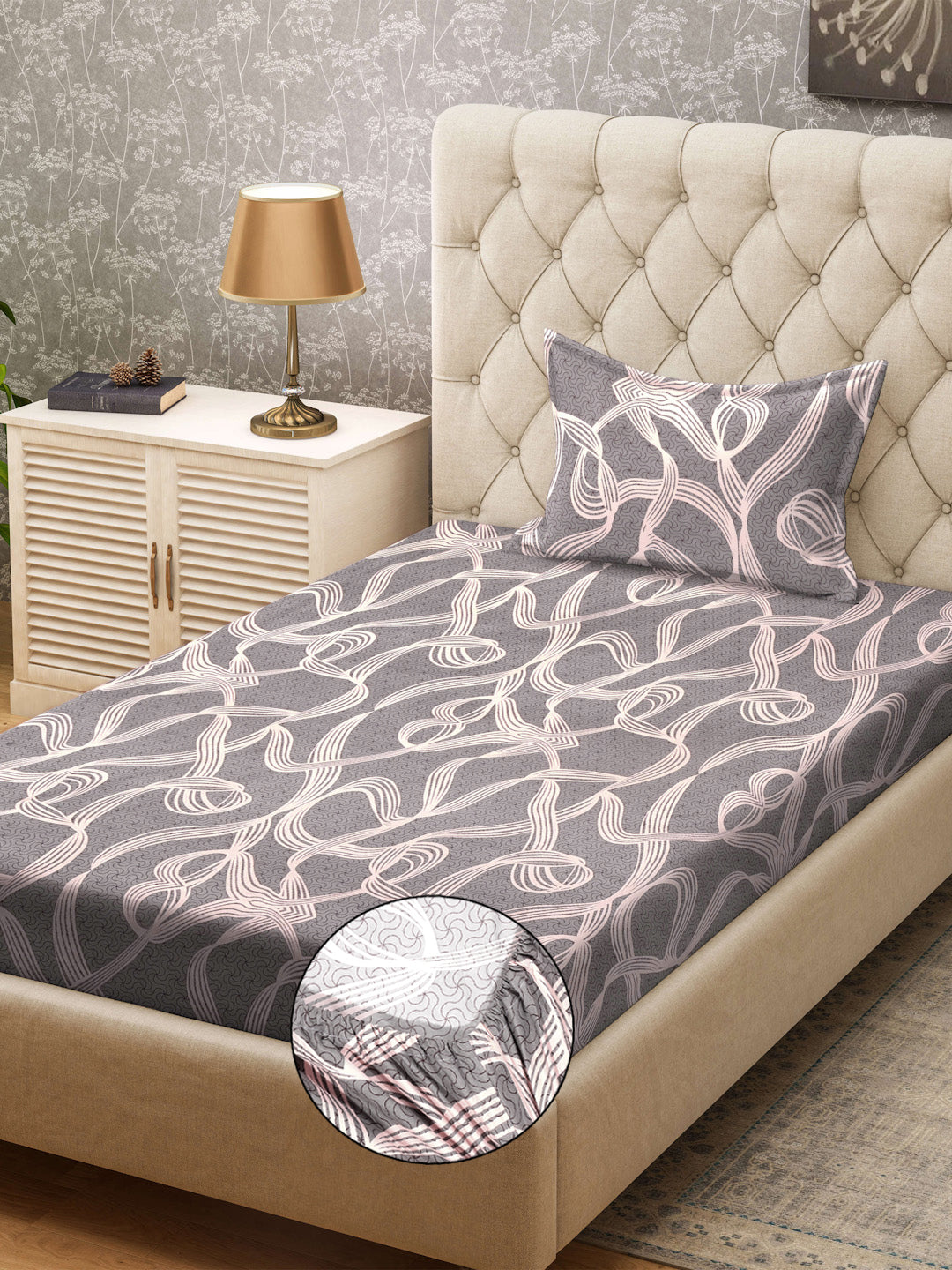 Klotthe Grey Abstract 300 TC Cotton Blend Fitted Single Bedsheet with Pillow Cover