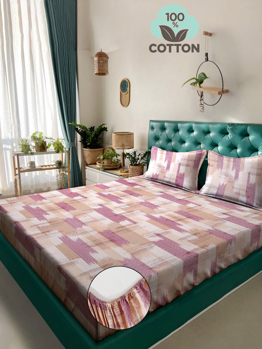 Klotthe Pink Geometric 400 TC Pure Cotton Fitted Double Bedsheet with 2 Pillow Covers