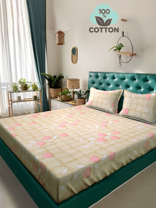 Klotthe Pink Floral 400 TC Pure Cotton Double Bedsheet with 2 Pillow Covers