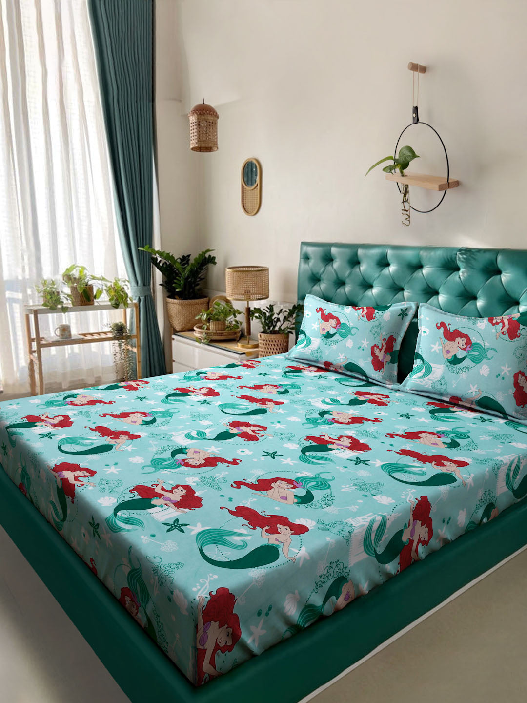 Klotthe Turquoise Cartoon Characters 400 TC Pure Cotton Double Bedsheet with 2 Pillow Covers