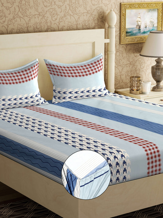 Klotthe Multicolor Striped 300 TC Cotton Blend Fitted Double Bedsheet with 2 Pillow Covers