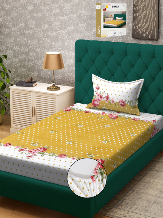 Klotthe Yellow Floral 300 TC Cotton Blend Fitted Single Bedsheet Set in Book Fold Packing