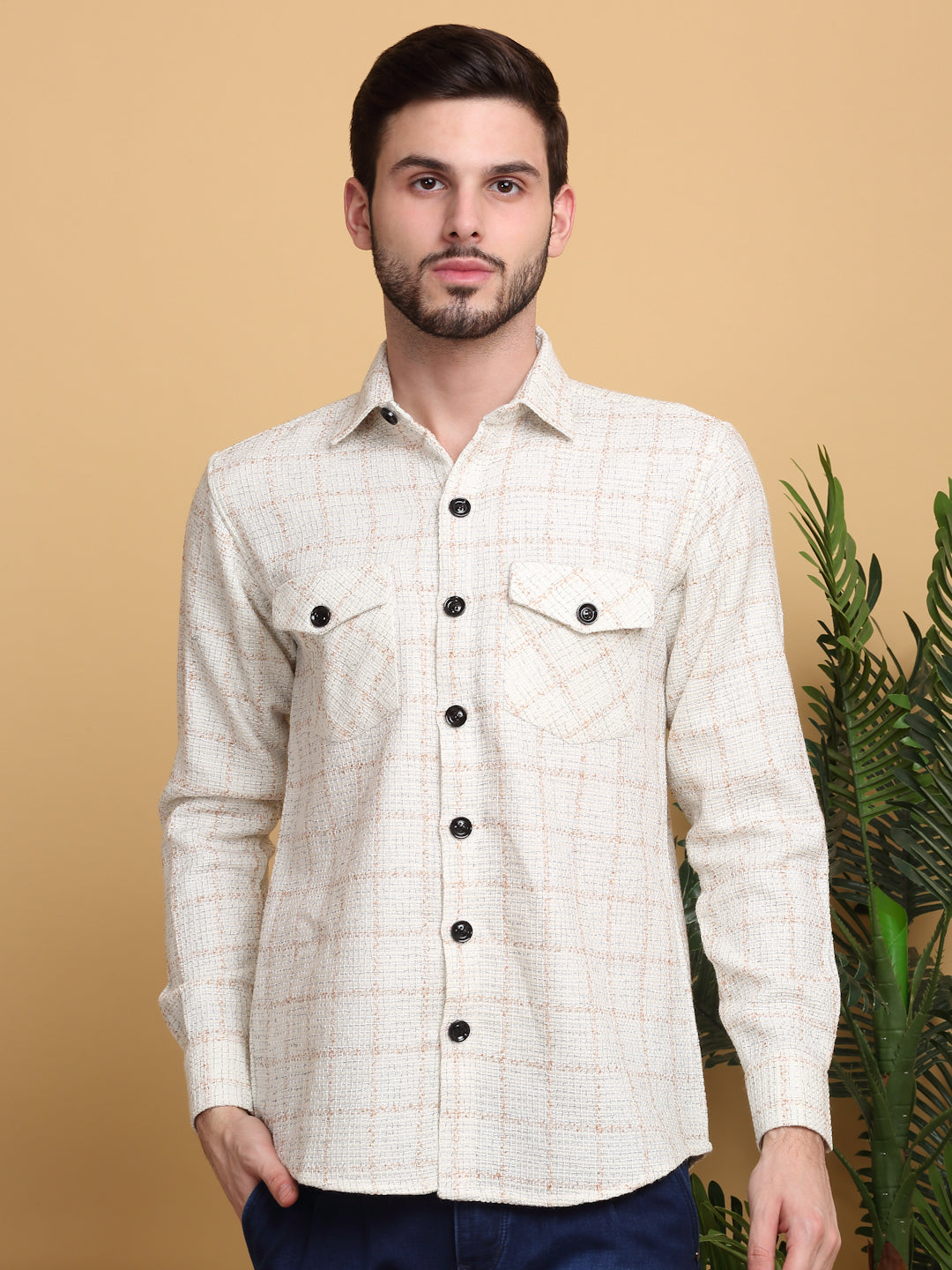 Klotthe Men OffWhite Checked Spread Collar Woolen Casual Shirt