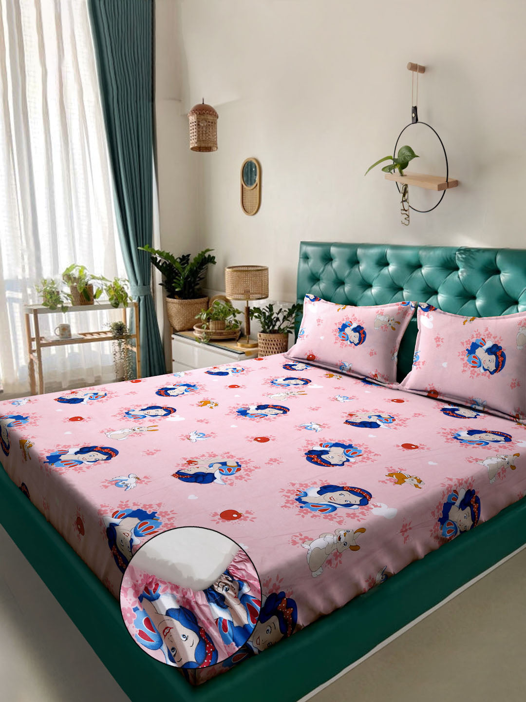 Klotthe Pink Cartoon Characters 400 TC Pure Cotton Fitted Double Bedsheet with 2 Pillow Covers