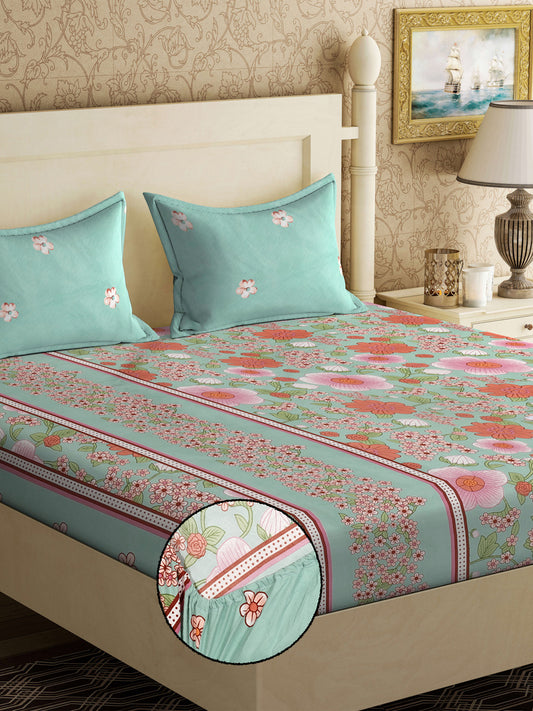 Klotthe Multi Floral 300 TC Cotton Blend Fitted Double Bedsheet with 2 Pillow Covers