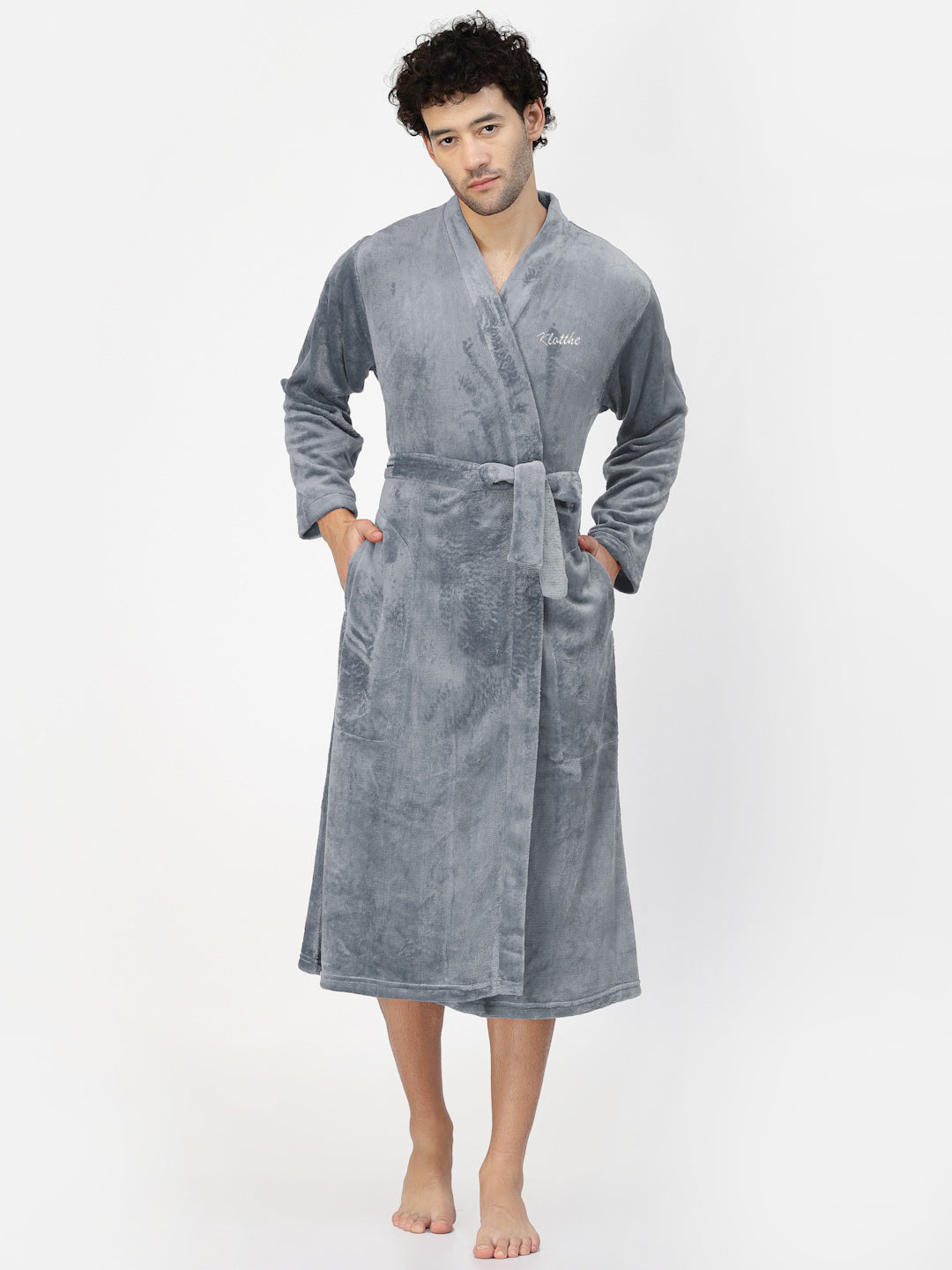 Klotthe Men Grey Solid Bath Robe With Belt