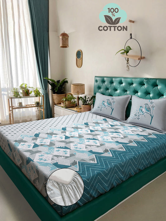 Klotthe Turquoise Geometric 400 TC Pure Cotton Fitted Super King Double Bedsheet with 2 Pillow covers