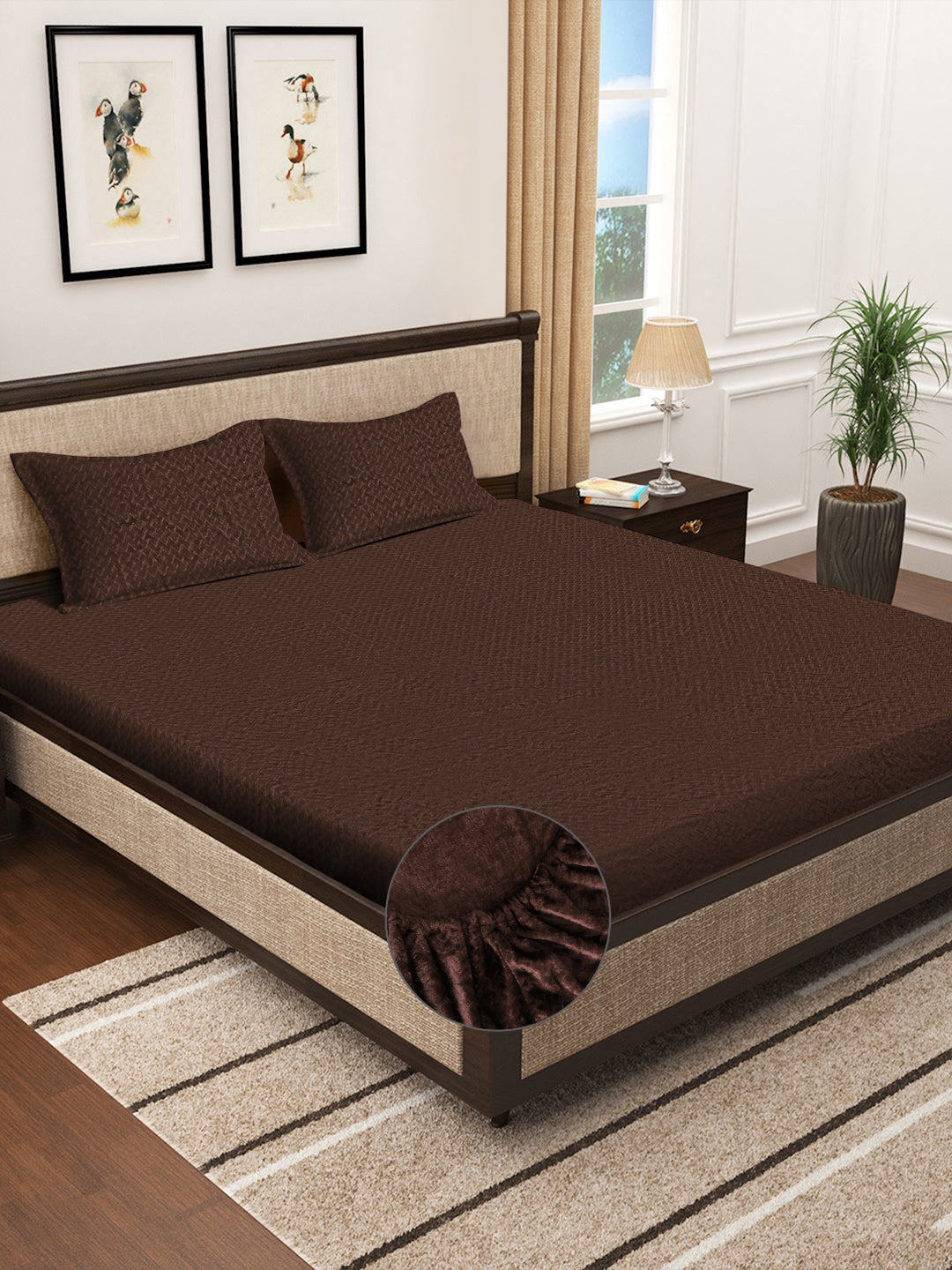 Klotthe Dark Brown Abstract Woolen Fitted Double Bed Sheet with 2 Pillow Covers