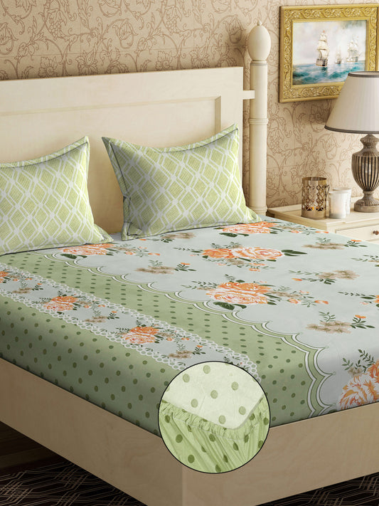 Klotthe Green Floral 300 TC Cotton Blend Fitted Double Bedsheet with 2 Pillow Covers