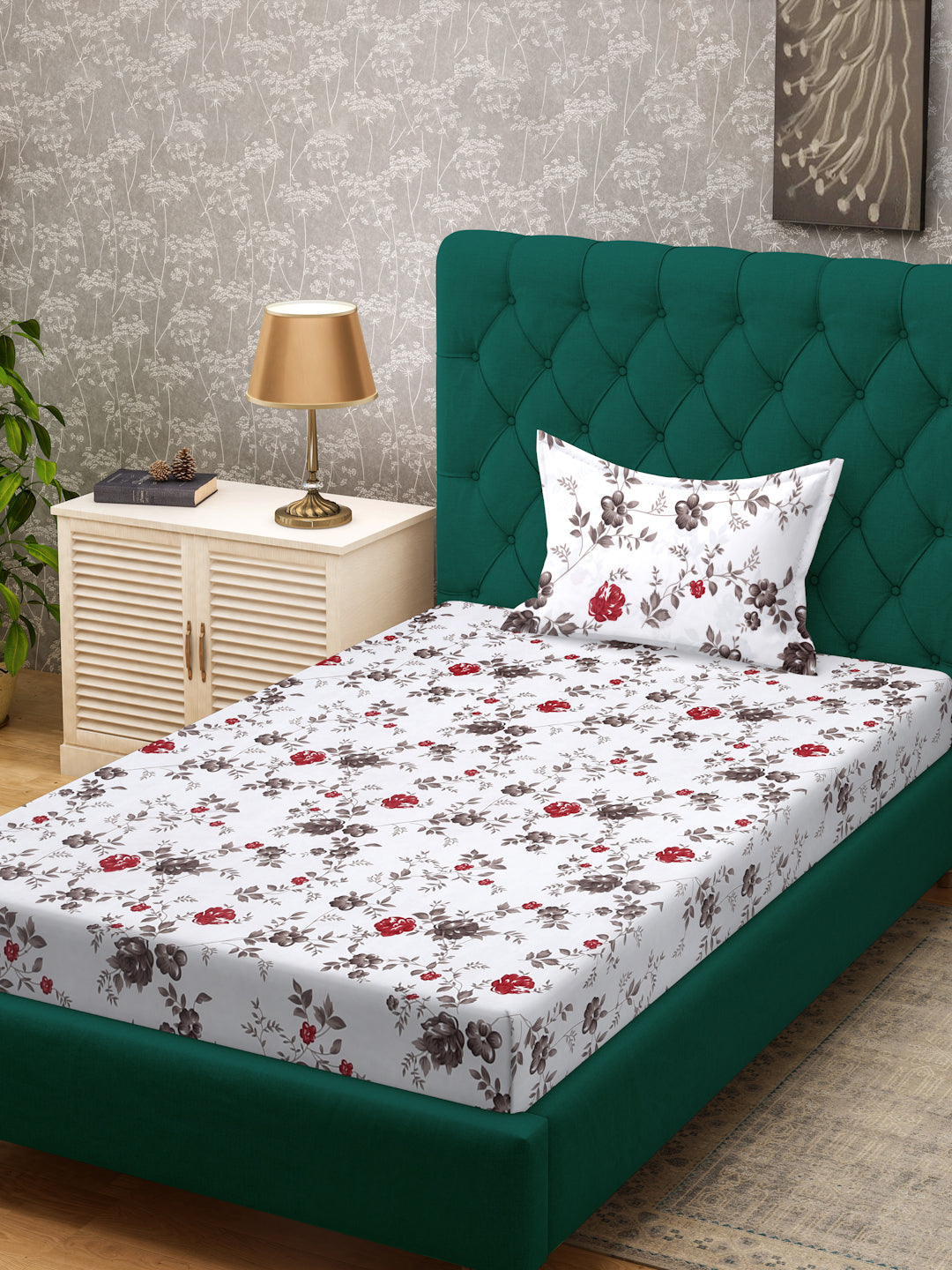 Klotthe White Floral 300 TC Cotton Blend Single Bedsheet with Pillow Cover