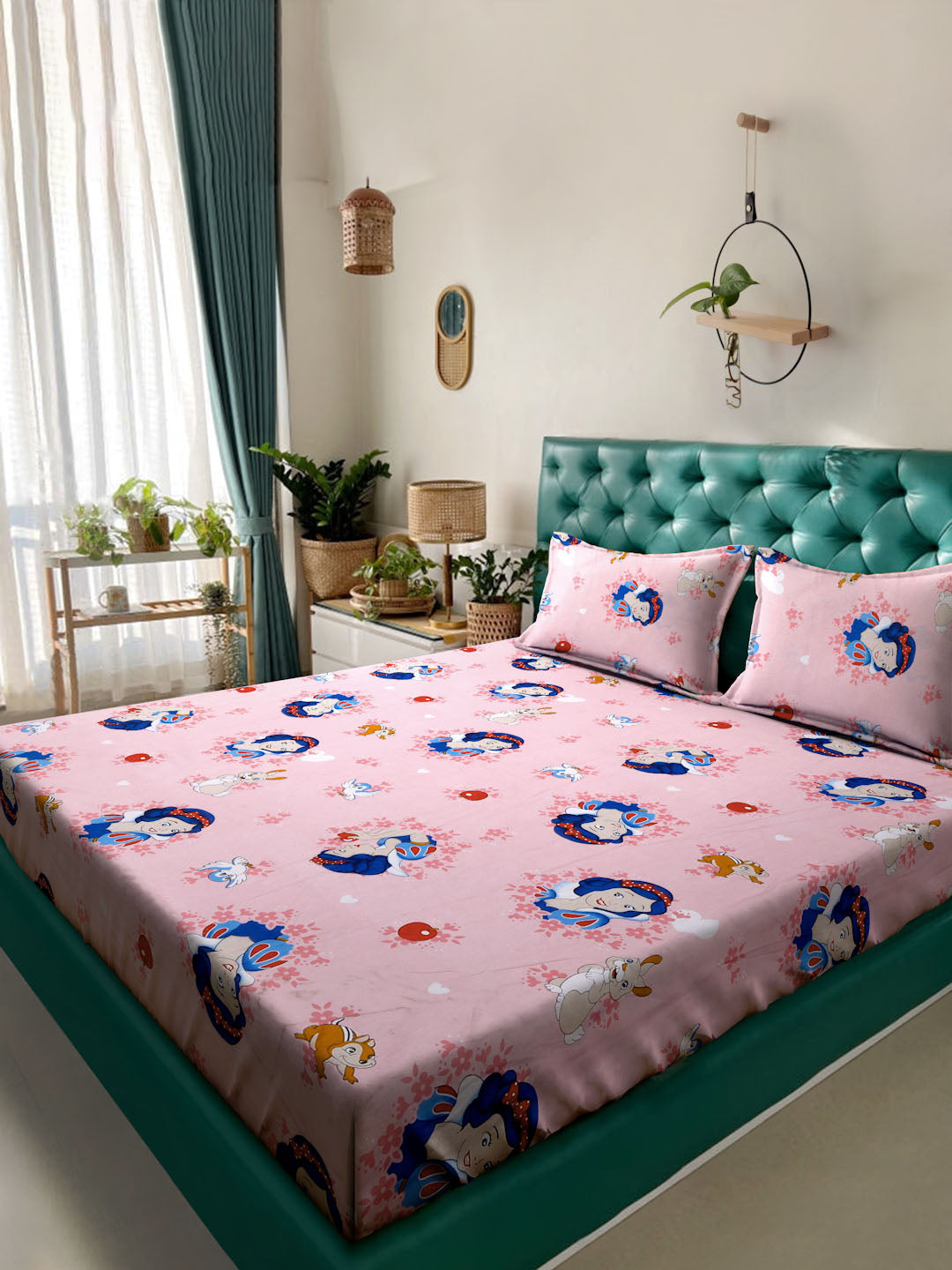 Klotthe Pink Cartoon Characters 400 TC Pure Cotton Double Bedsheet with 2 Pillow Covers