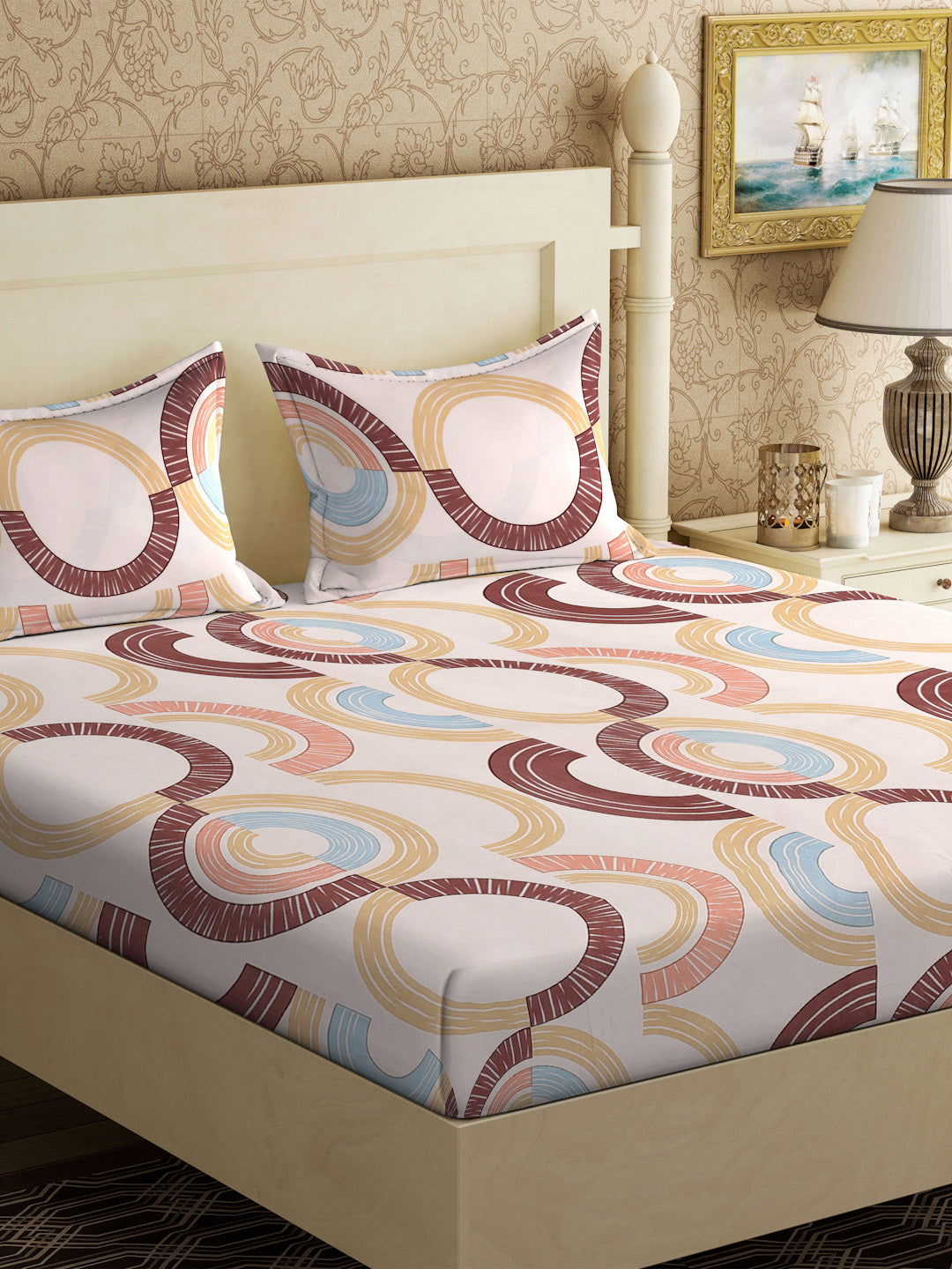 Klotthe Beige Geometric 300 TC Cotton Blend Double Bedsheet with 2 Pillow Covers