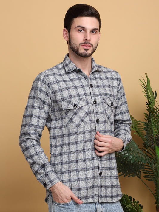 Klotthe Men Grey Checked Spread Collar Woolen Casual Shirt