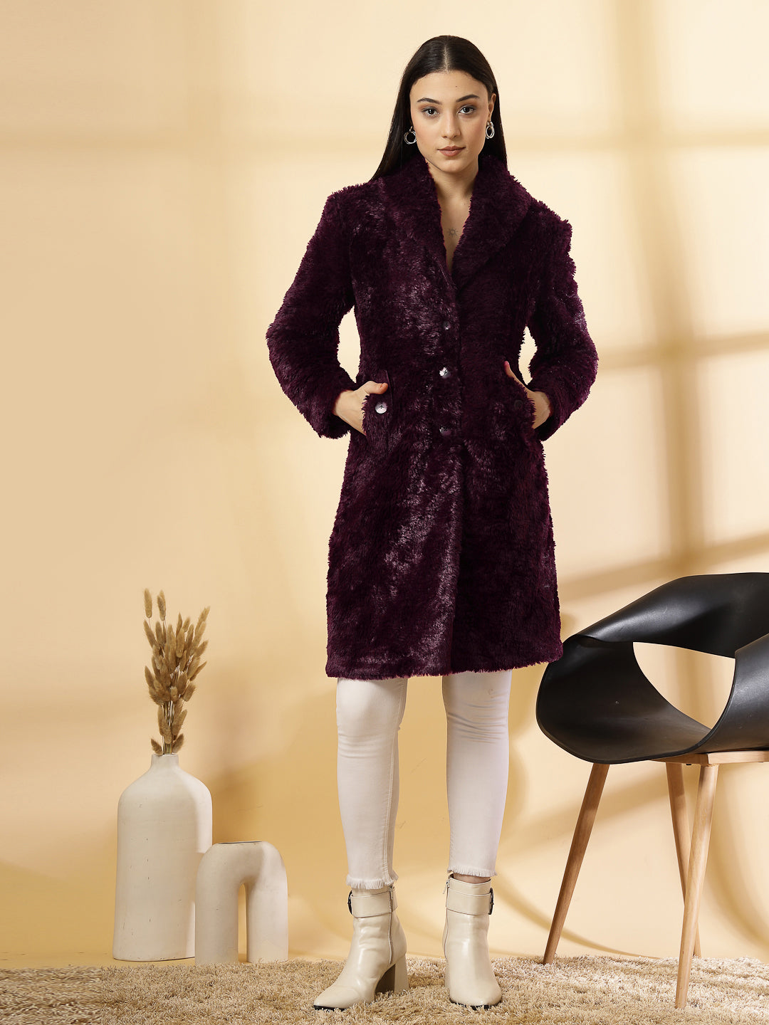 Wine Long Sleeve Single-Breasted Woolen Overcoat by KLOTTHE®