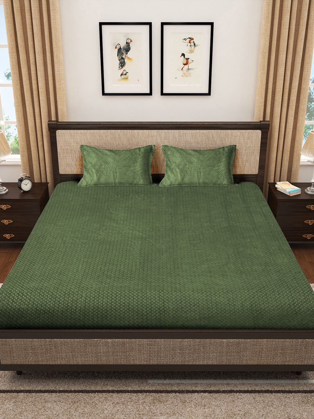 Klotthe Green Abstract Woolen Fitted Double Bed Sheet with 2 Pillow Covers