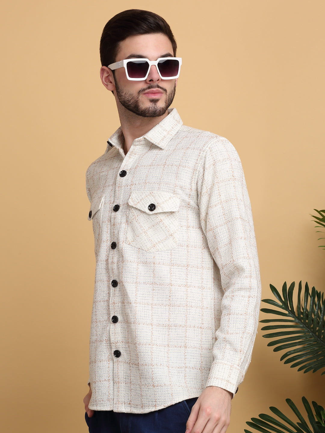 Klotthe Men OffWhite Checked Spread Collar Woolen Casual Shirt