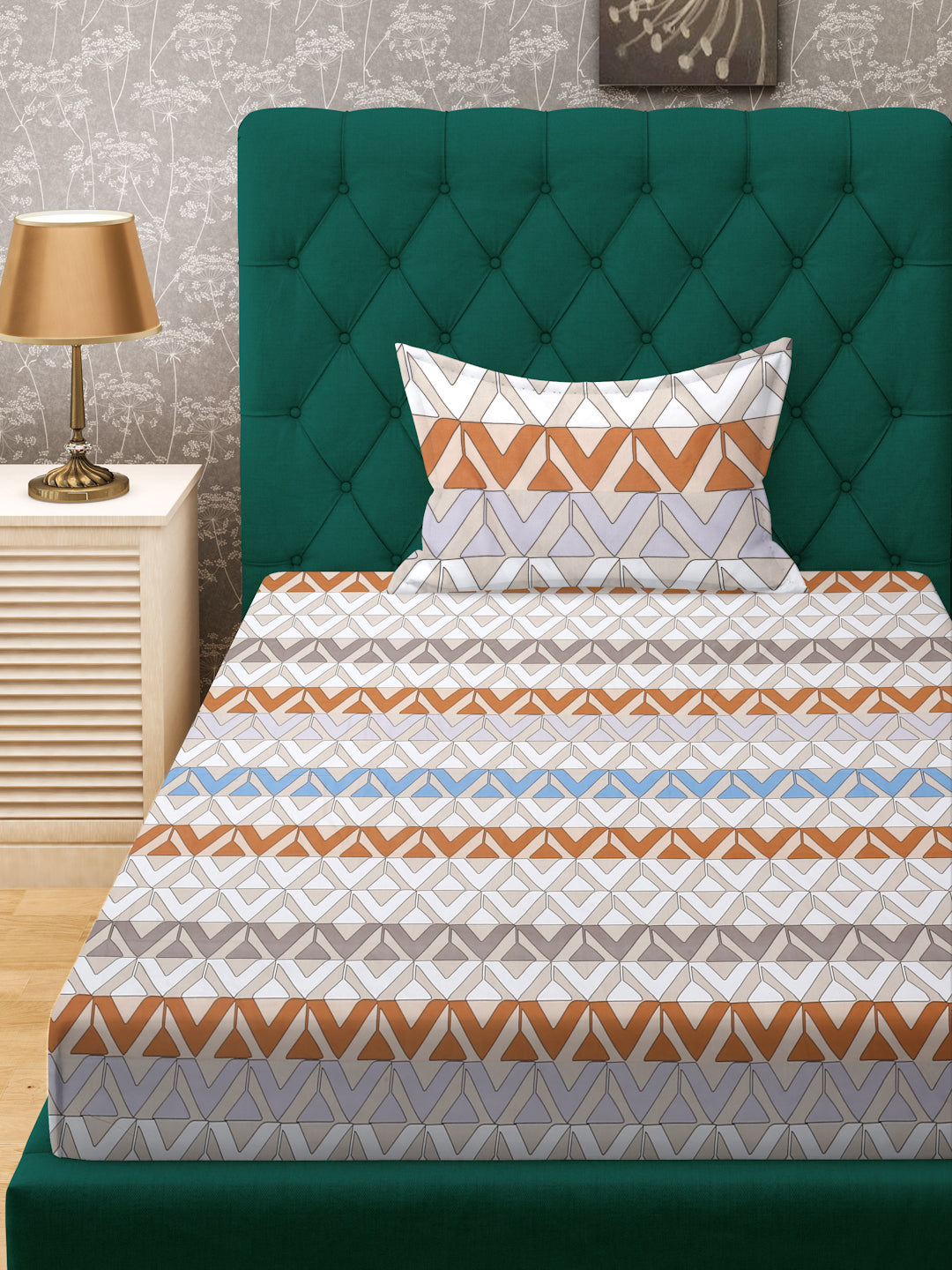 Klotthe Peach Geometric 300 TC Cotton Blend Single Bedsheet with Pillow Cover