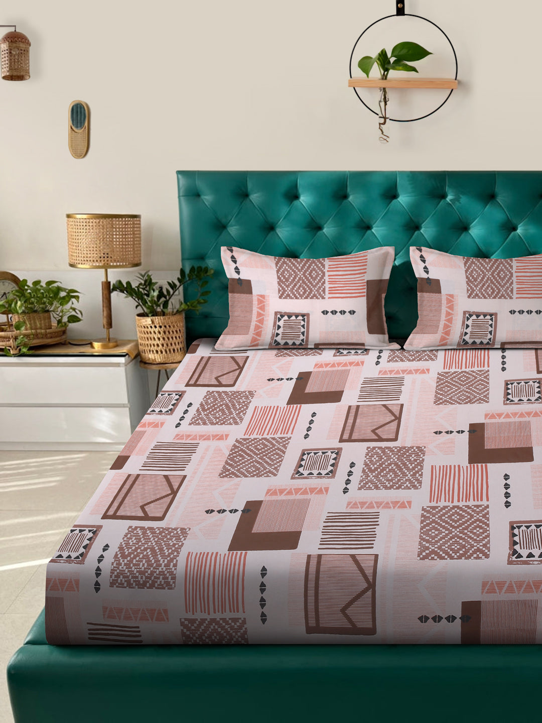 Klotthe Orange Geometric 400 TC Pure Cotton Fitted Double Bedsheet with 2 Pillow Covers