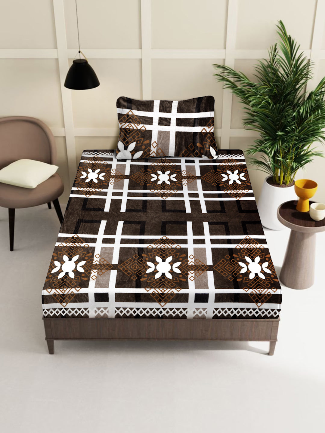 Klotthe Brown Floral Woolen Single Bed Sheet with Pillow Cover