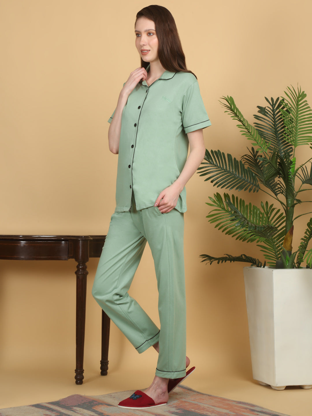 Klotthe Women Green Solid Cotton Night Suit