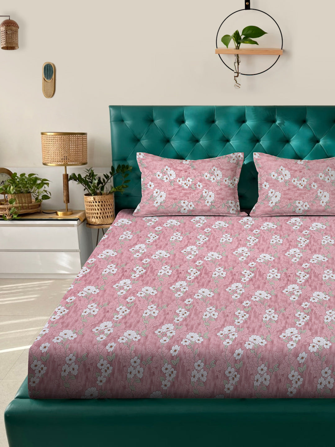 Klotthe Pink Floral 400 TC Pure Cotton Fitted Double Bedsheet with 2 Pillow Covers