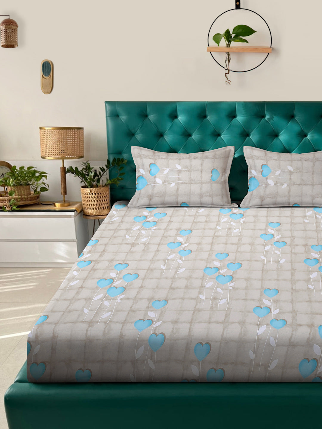 Klotthe Turquoise Floral 400 TC Pure Cotton Fitted Double Bedsheet with 2 Pillow Covers