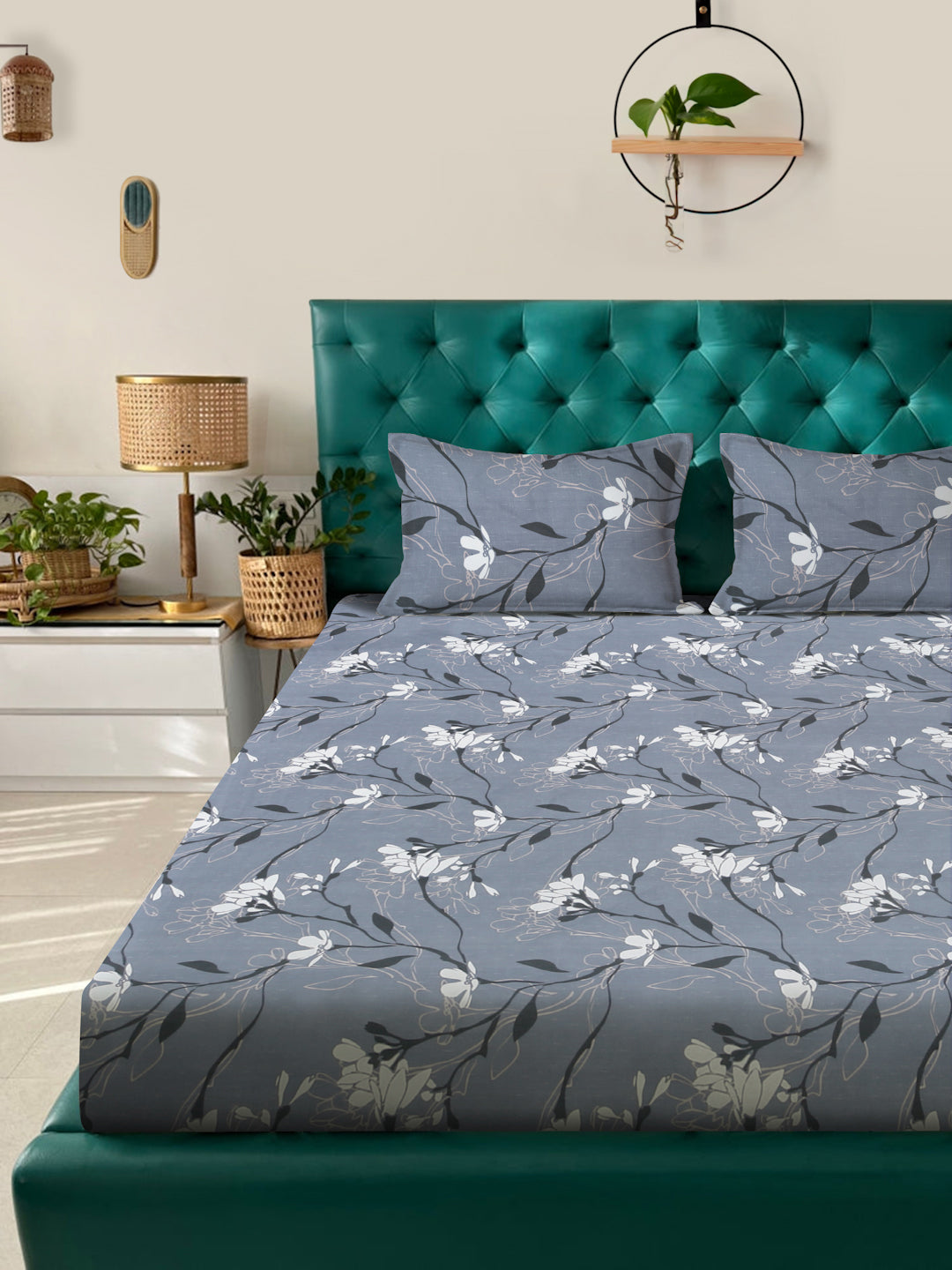 Klotthe Grey Floral 300 TC Cotton Blend Super King Double Bedsheet in Book Fold Packing