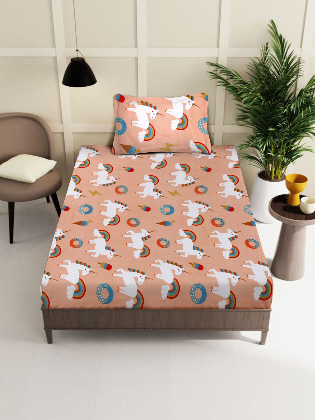 Klotthe Orange Cartoon Characters 400 TC Pure Cotton Fitted Single Bedsheet with Pillow Cover